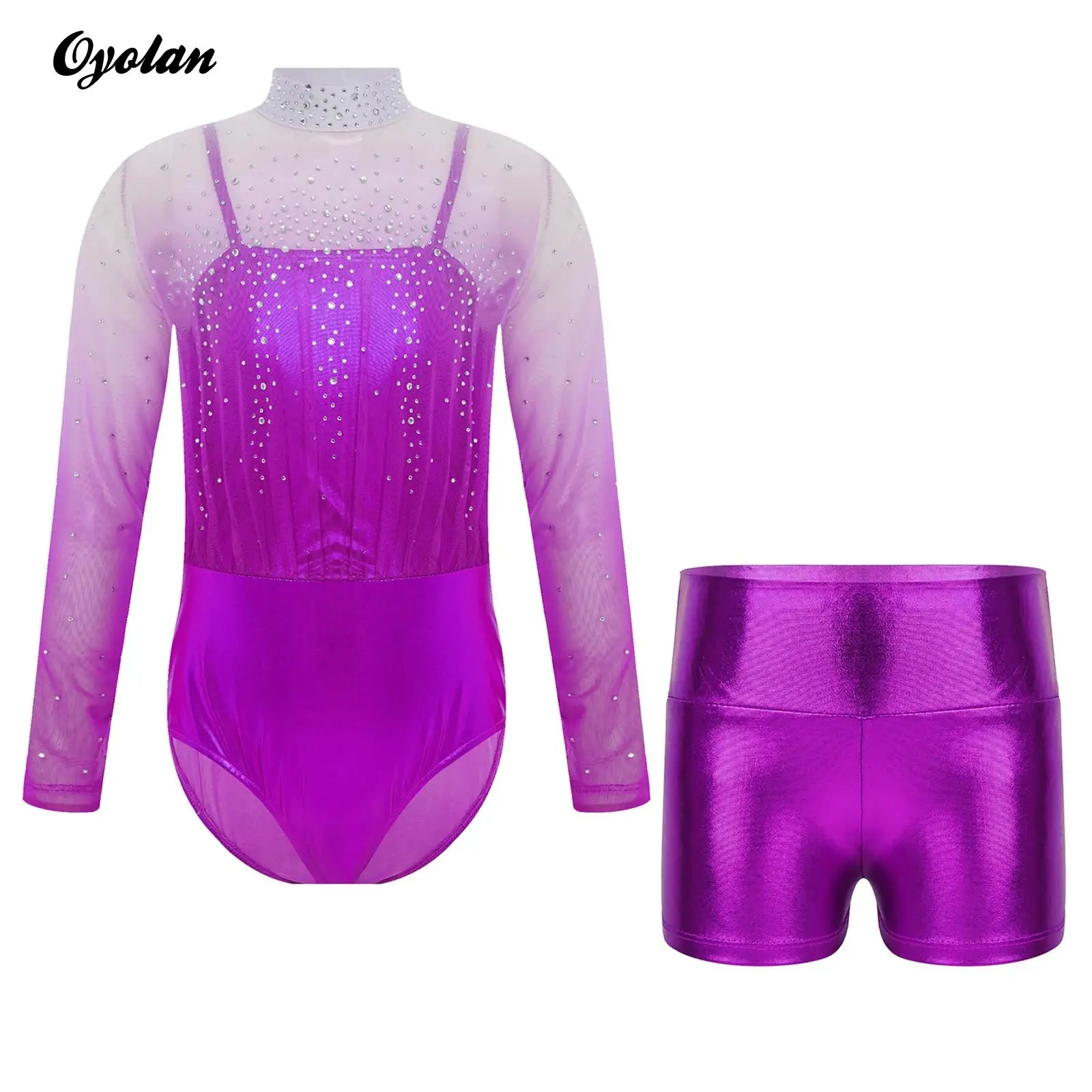 

Kids Girls Sheer Mesh Overlay Bodice Metallic Leotard with Shiny Shorts Shiny Rhinestones Gymnastics Ballet Jersey Dance Costume