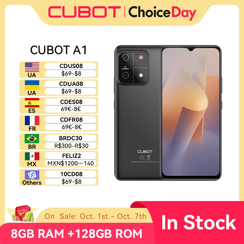 Cubot A1, Smartphone Android 13, Octa-core, 8GB RAM (4GB+4GB), 128GB ROM, 6.56'' HD+ Screen, 13MP Camera, 5100mAh, Face ID Phone