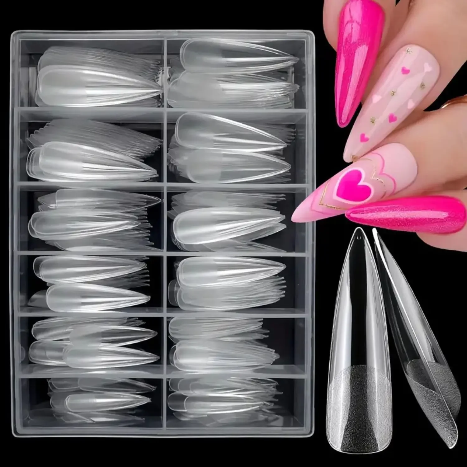 

240Pcs XL Stiletto Nail Tips Clear Fake Nails Extra Long Stiletto Nail Full Cover Artificial Fingernail Extension Tool