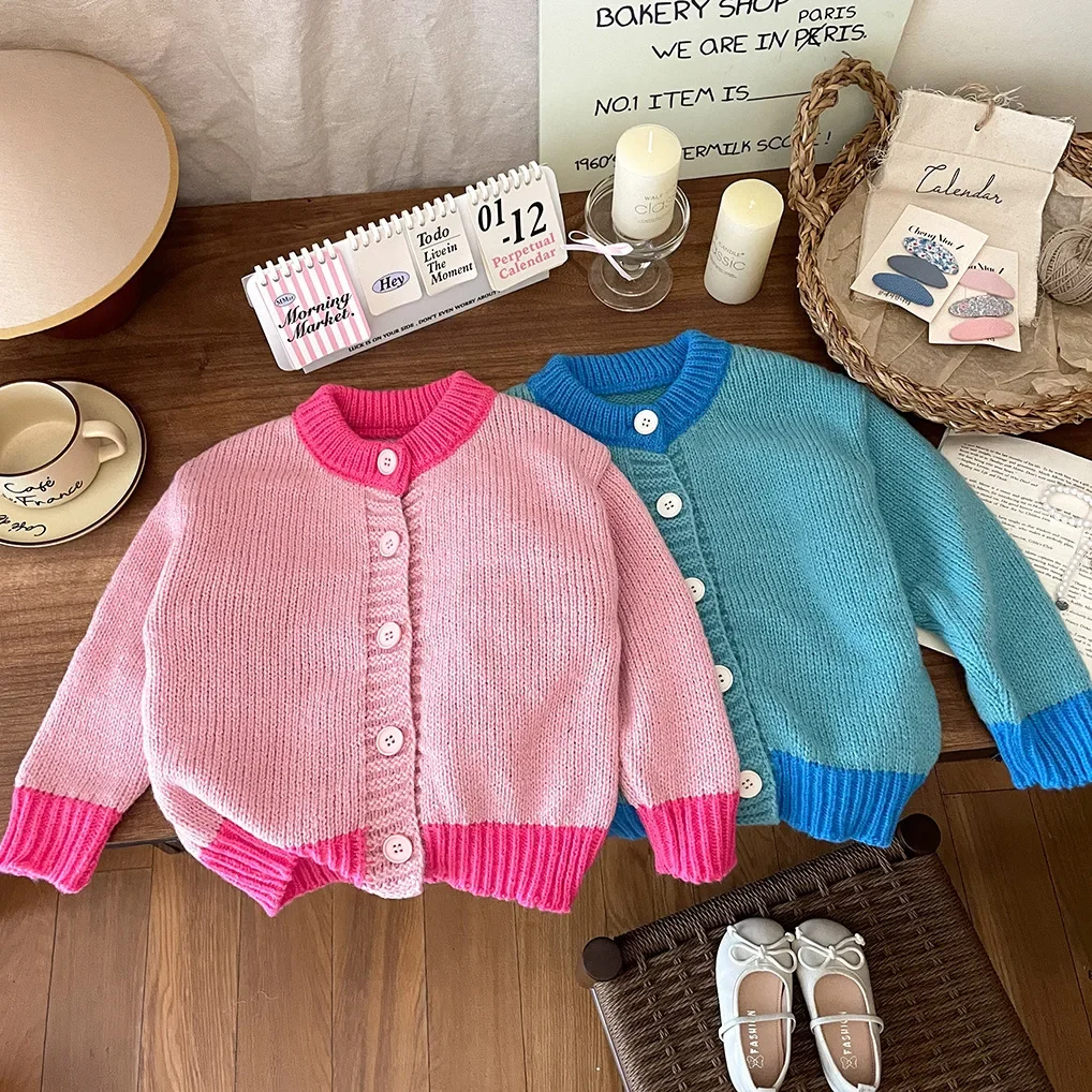 Autumn Baby Girls\' Knitted Sweater Spring Korean Clothing Stylish Candy Color Contrasting Loose Children\'s Outerwear Cardigan