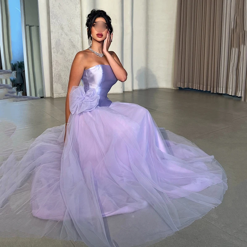 

Thinyfull Formal A-Line Prom Evening Dresses Strapless Floor Length Tulle Party Dress Saudi Arabia Cocktail Prom Gown Customized