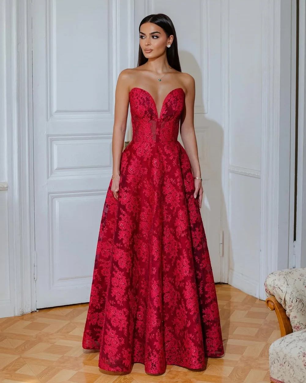 

Customized Modern Style Classic Ruched Pleat A-line V-neck Long Dresses Bespoke Occasion Dresses Sizes Available High Quality
