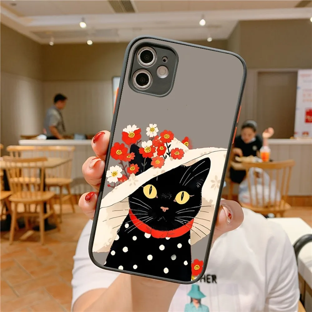 Lovely Black Cat Phone Case For IPhone 14 11 12 13 Mini Pro Max 8 7 Plus X XR XS MAX Translucent Matte Cover