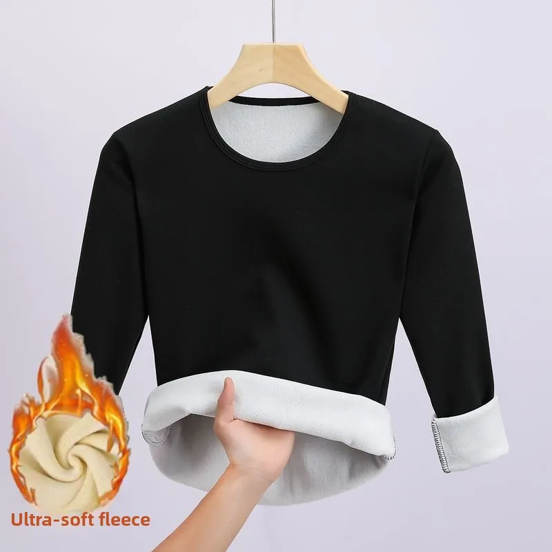 여성용 플리스 안감 슬림핏 보온 내의 라운드넥 긴팔 편안하고 통기성 좋은 베이스 레이어 셔츠