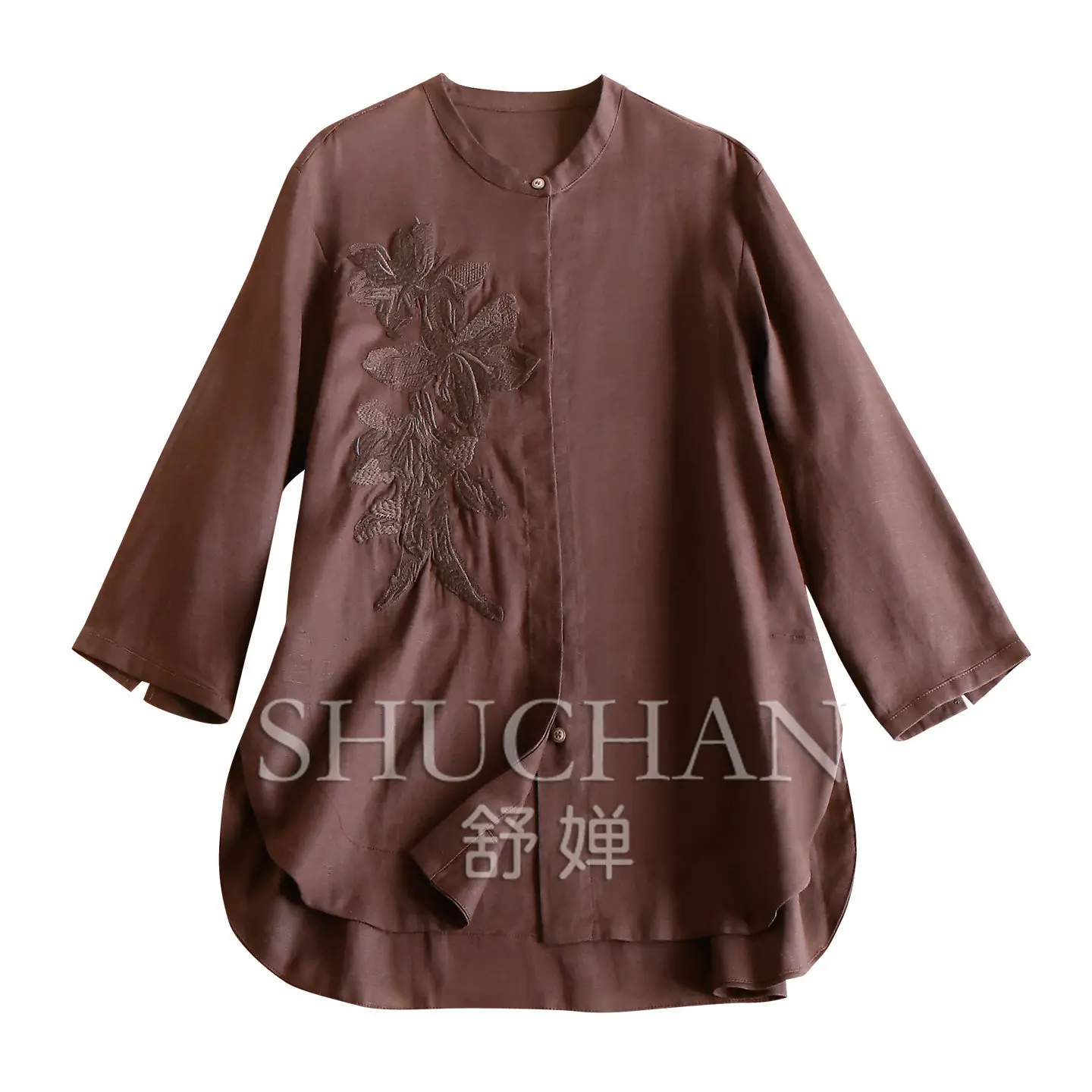 Linen Lyocell Shirt  Industry Embroidery Drape Long Sleeve Shirt Women's E528  Blusas Femininas Com Frete Gratis