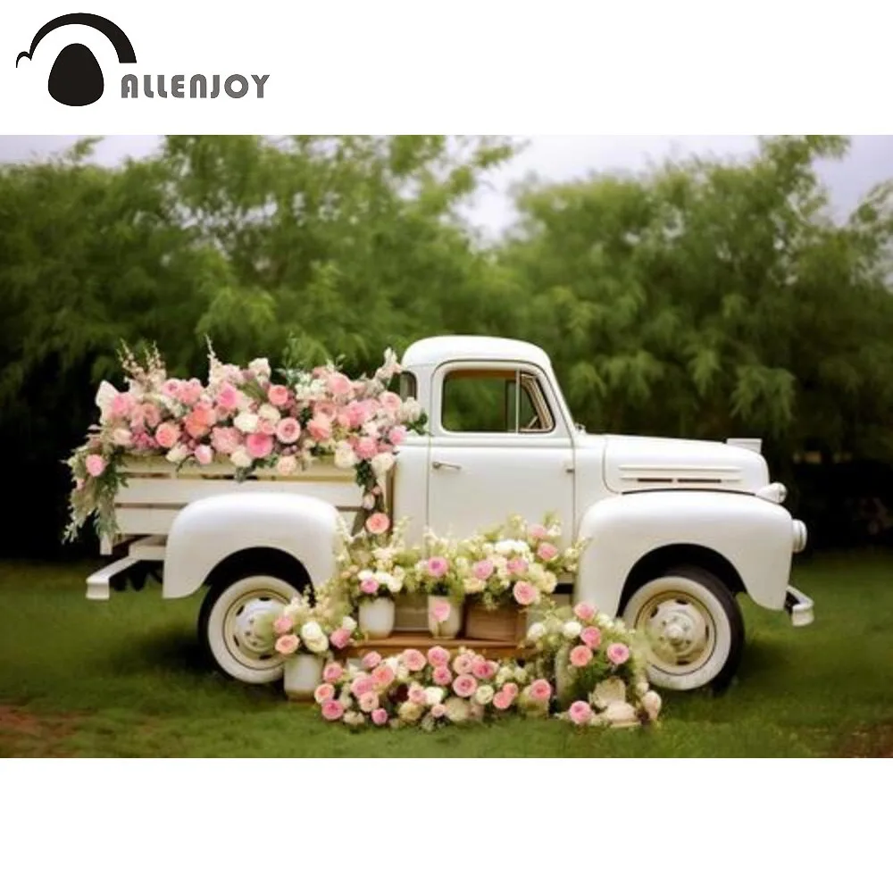 

Allenjoy White Antique Truck with Flowers Photography Backdrop Light Pink Roses Decorations Photoshoot Background