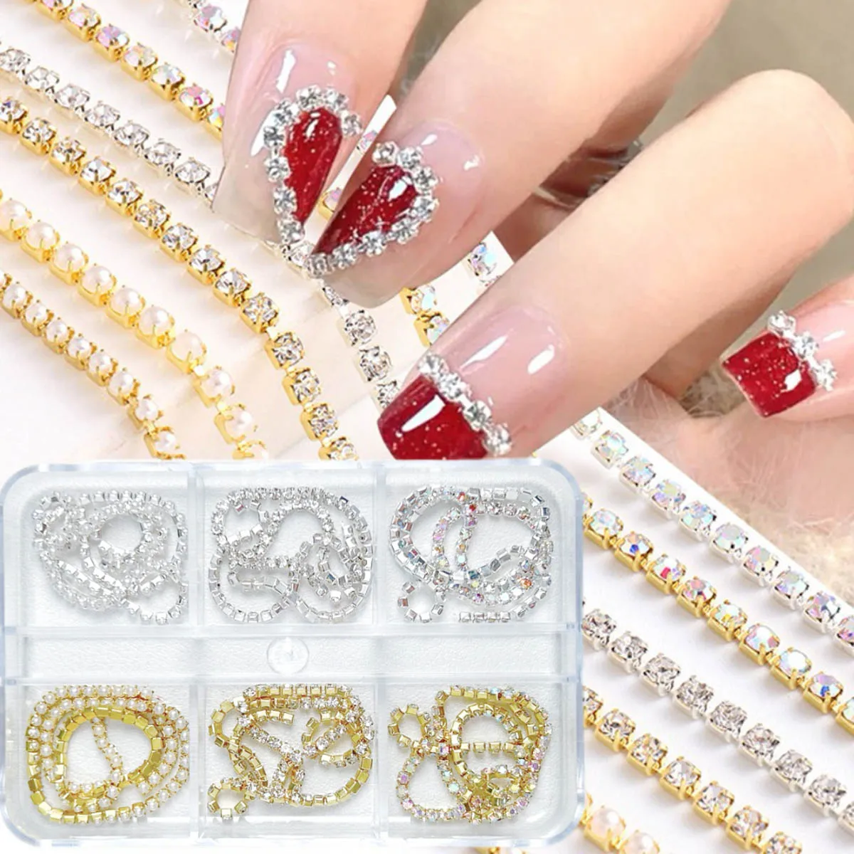 1Box Light Luxury Sparkling Rhinestones Inlaid Alloy Chain Nail Art Decorations Creative Gold Silver Bead Chain Nail Charms DIY