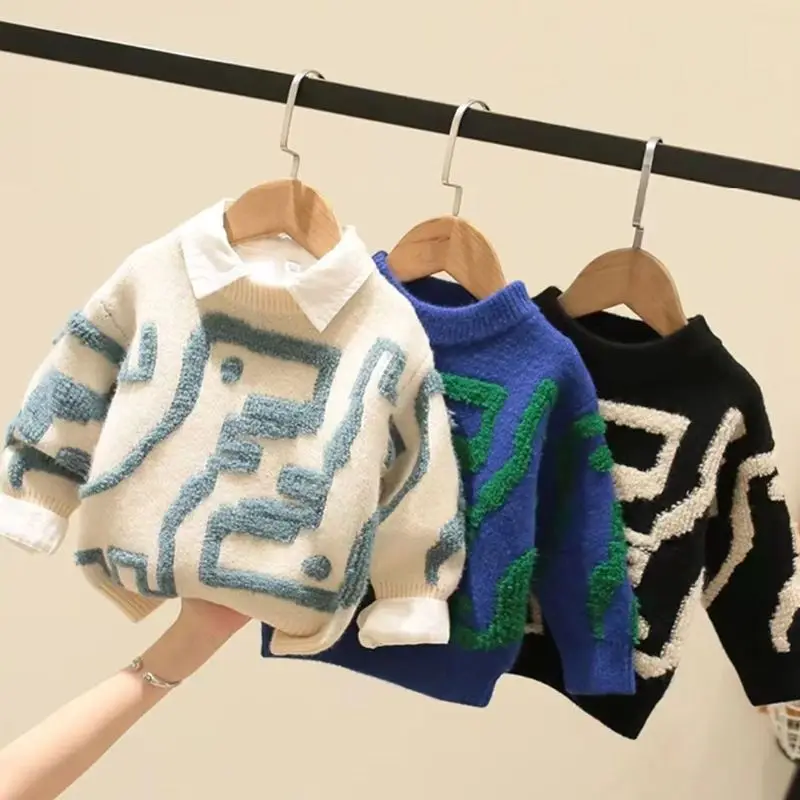 Children's clothing boy mink wool sweater in the fall and winter of 2022 children set of head piece sweater  coat