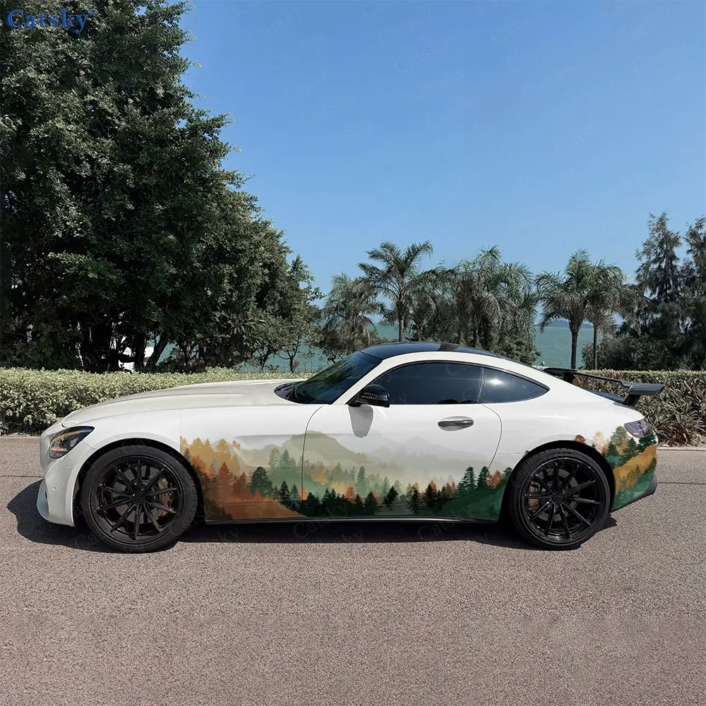 2pcs Autumn Pine Grove Car Side Wraps, Self-Adhesive PVC Waterproof & Scratch-Resistant Stickers, Car Accessory Gift