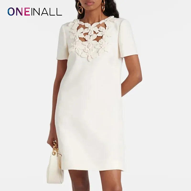 ONEINALL Patchwork Appliques Solid Dresses For Women O Neck Short Sleeve High Waist Hollow Out Summer Clothes Mini Dress Female