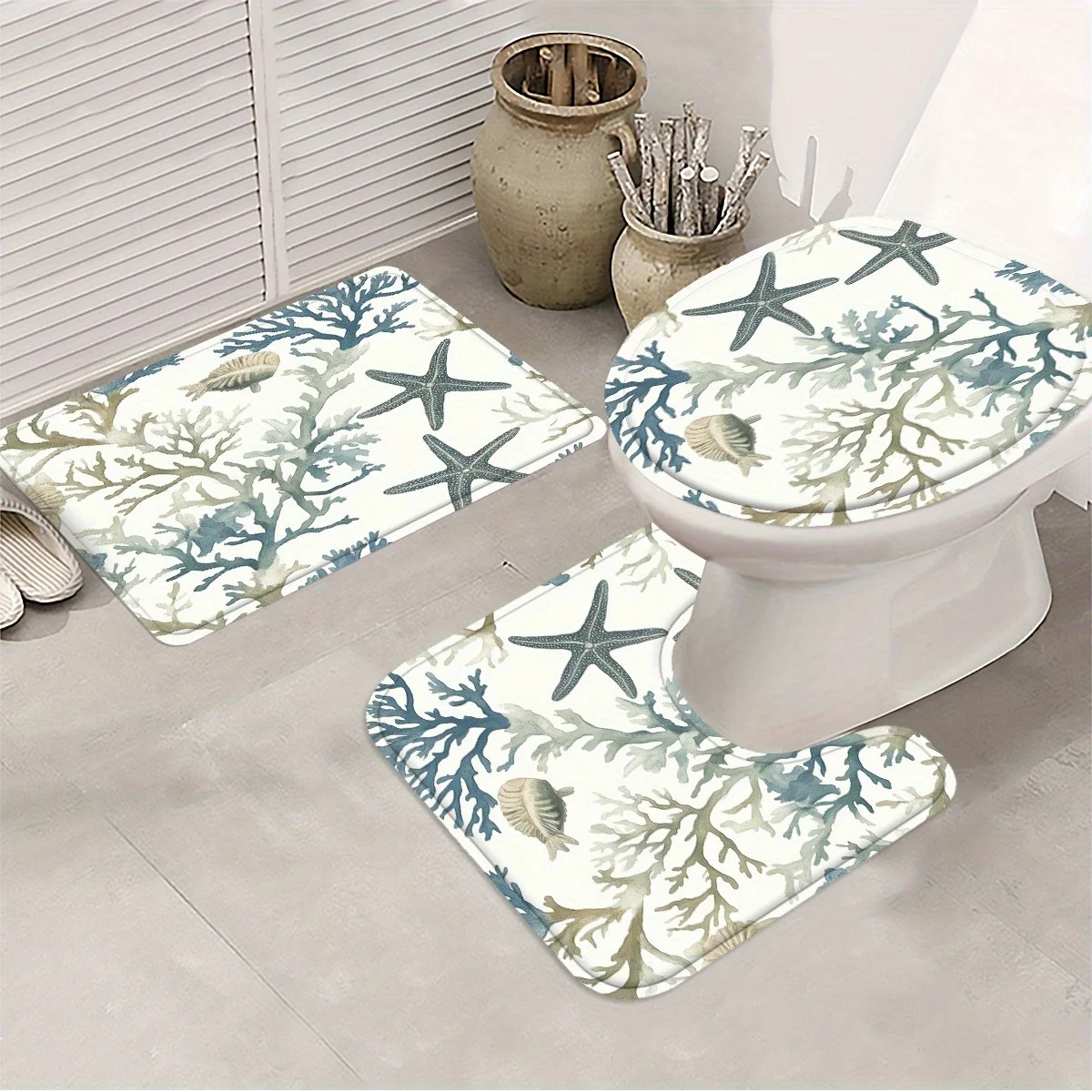 

Набор ковриков для ванной в морском стиле, 3 предмета: коврик для унитаза и контурный коврик с узором кораллов, морских звезд и ракушек, нескользящие мягкие коврики для ванной.
