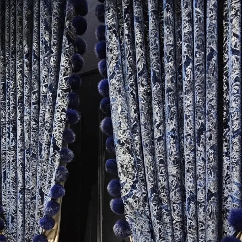 French Luxury Blue Velvet Curtains For Living Room Cloth Gold Luxury Curtains American High-end Villa European Custom Size Decor
