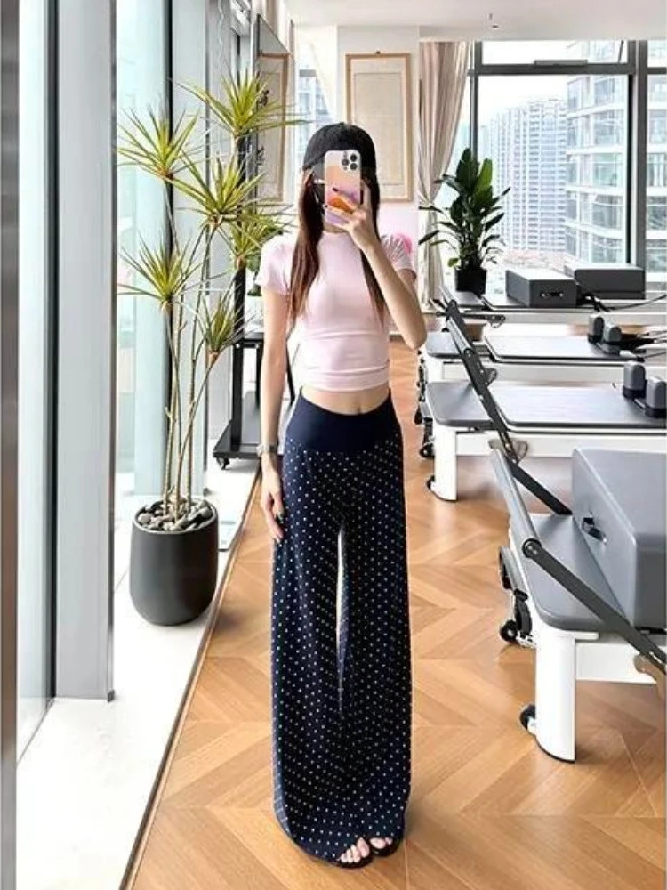 2026 Summer Women Navy Polka Dot Bootcut Pants American Lazy Vibe Casual Sweatpants Niche Chic New