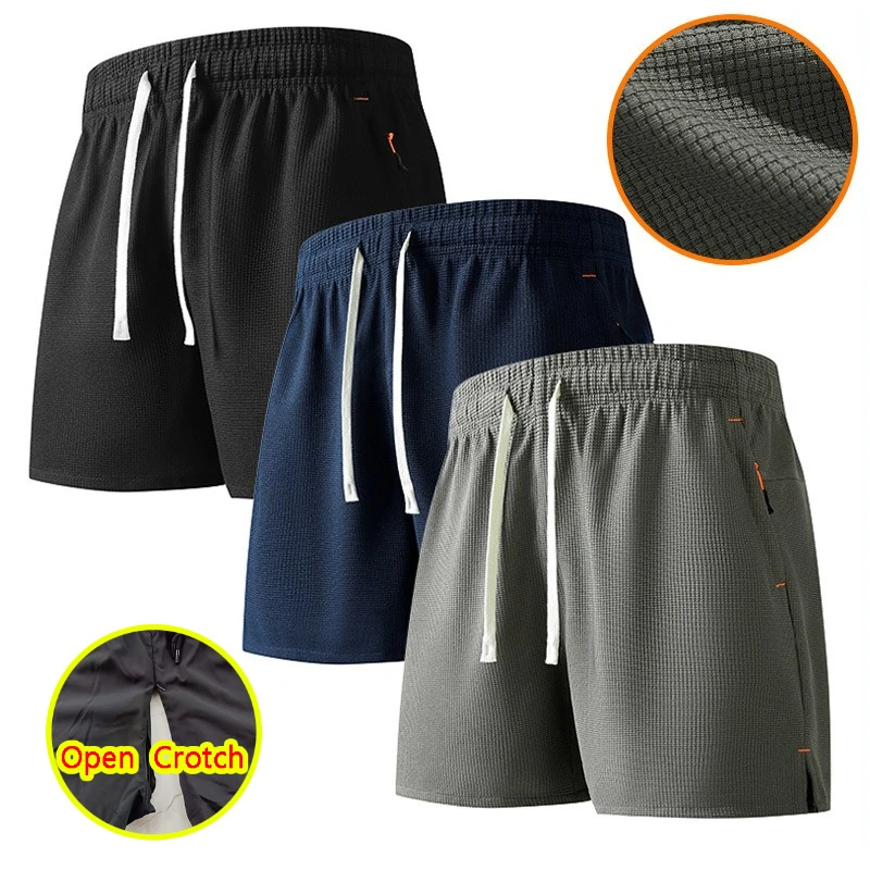 Open Crotch Breathable Exercise Shorts  for Men Summer Sporty Mini Leggings Gym Fitness Trainning Crotchless Cropped Trousers