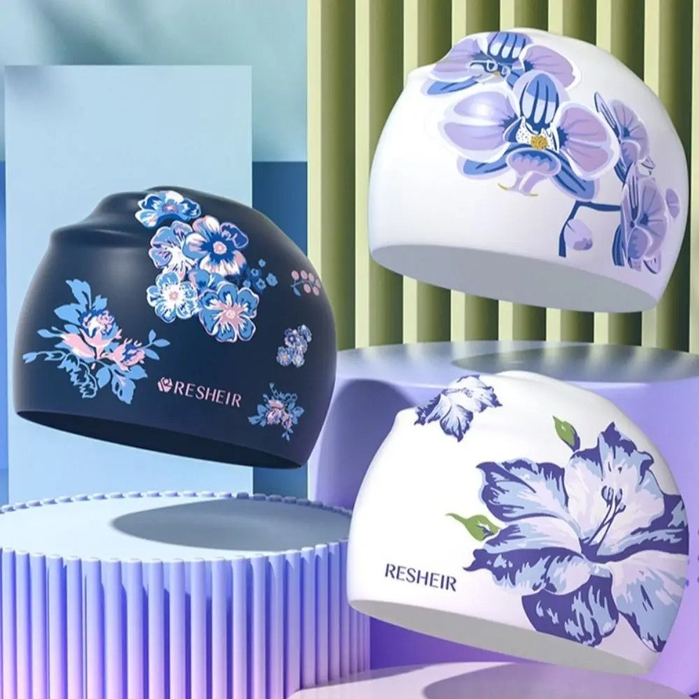 

Photography Props Silicone Swimming Cap Waterproof Flower Pattern Diving Cap Protect Ears Long Hair Bathing Cap Natatorium