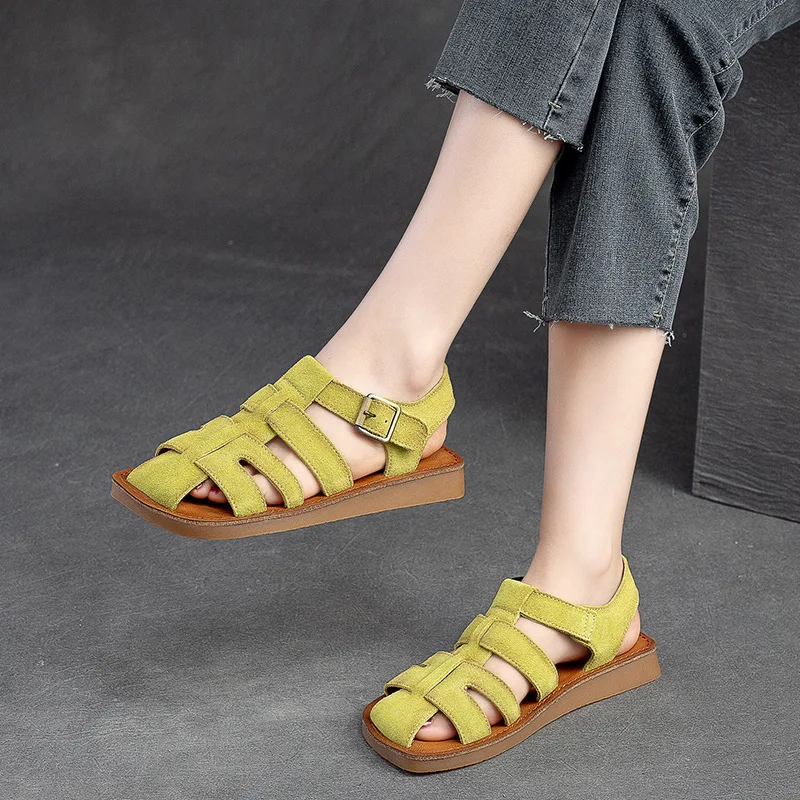 Genuine Leather 2024 Summer New Retro Hollow-out Breathable Sandals Casual Comfortable Women Flats Shoes