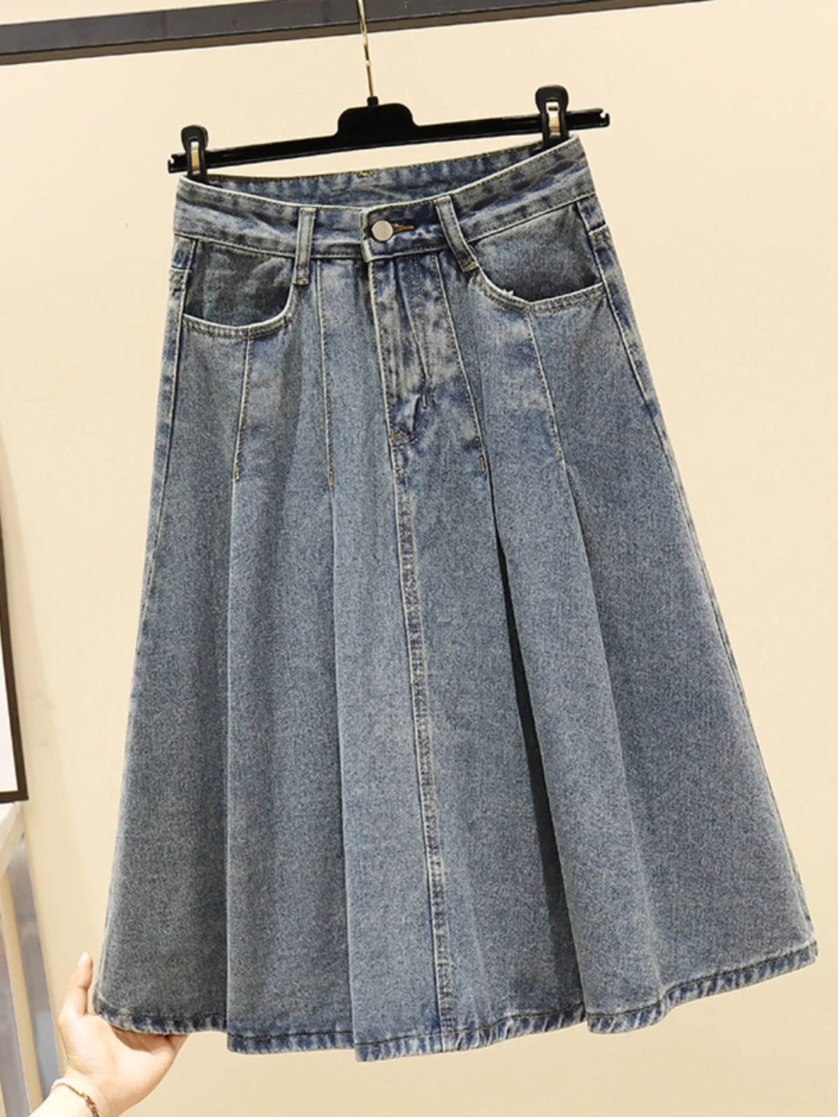 

Юбка женская джинсовая средней длины, винтажная плиссированная Повседневная Универсальная юбка-трапеция из денима, голубая, лето