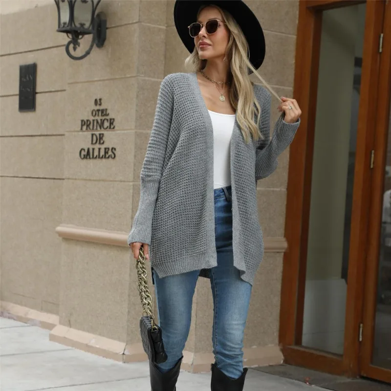 Women Casual Sweater Fall-Winter 2024 Warm Knit Cardigan Fashion V-Neck Threaded Cuff Loose Coat Elegant Everyday Office Wear