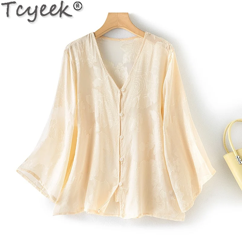 Tcyeek-camisa de seda de morera para mujer, ropa elegante de verano con cuello en V, Tops informales, 100%