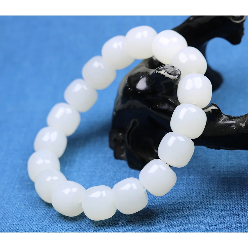 Xinjiang Hetian Jue Suet Old-Styled Bead White Bracelet Men's and Women's Bucket Jade Beads Bangle