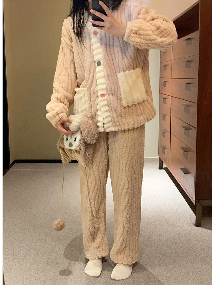 Кардиган с длинным рукавом зимняя Фланелевая Пижама для женщин милая стильная домашняя одежда для девочек с V-образным вырезом в стиле пэчворк женские домашние пижамы комплекты