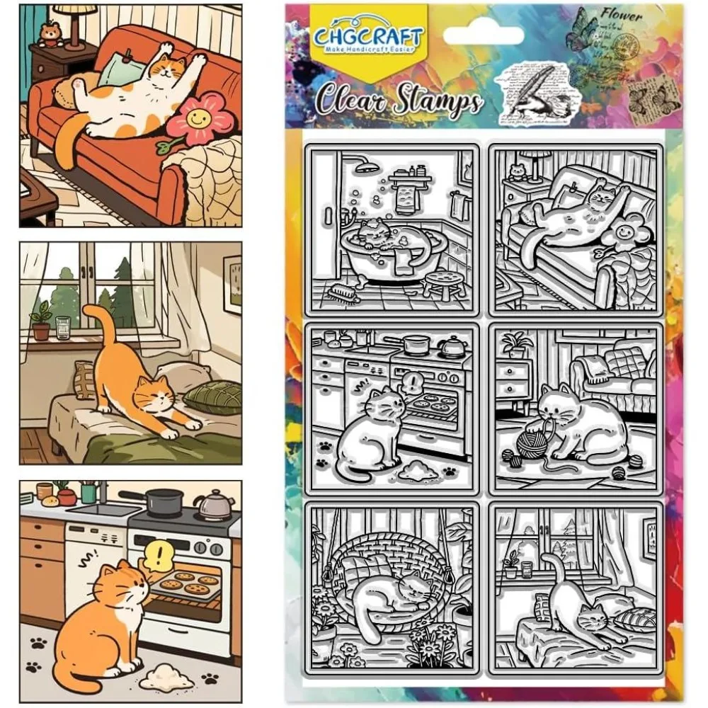 Cat Life Comics Transparente Stempel: Katze beim Baden, Schlafendes Haustier Transparente Stempel für DIY Scrapbooking Fotos