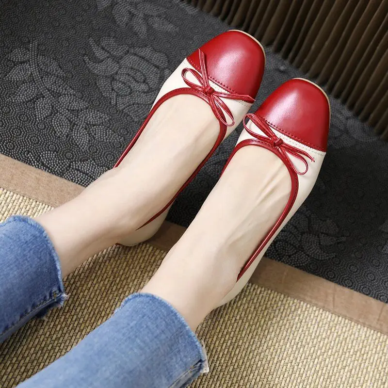 Shoes for Women 2024 Round Toe Cute Low Heel Elegant Ladies Summer Footwear White Red with Bow Moccasins Kawaii Korean Style E