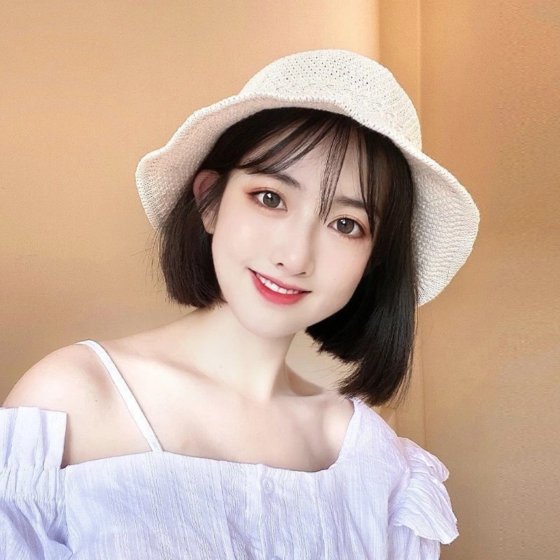 

Fashion Fisherman Hat Wig Short Wig Connected with Breathable Sun Hat Synthetic Straight Fake Hair for Women