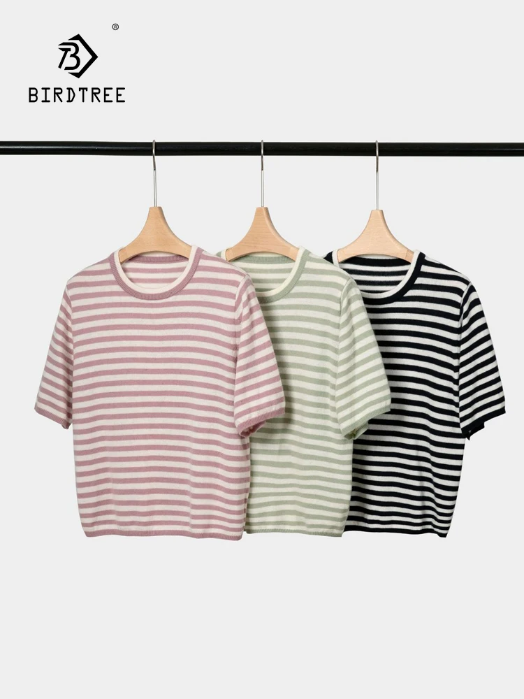 Birdtree 50% wol bergaris Sweater pendek untuk wanita 2023 baru musim gugur Korea serbaguna longgar Pullover leher bulat Pullover Pul