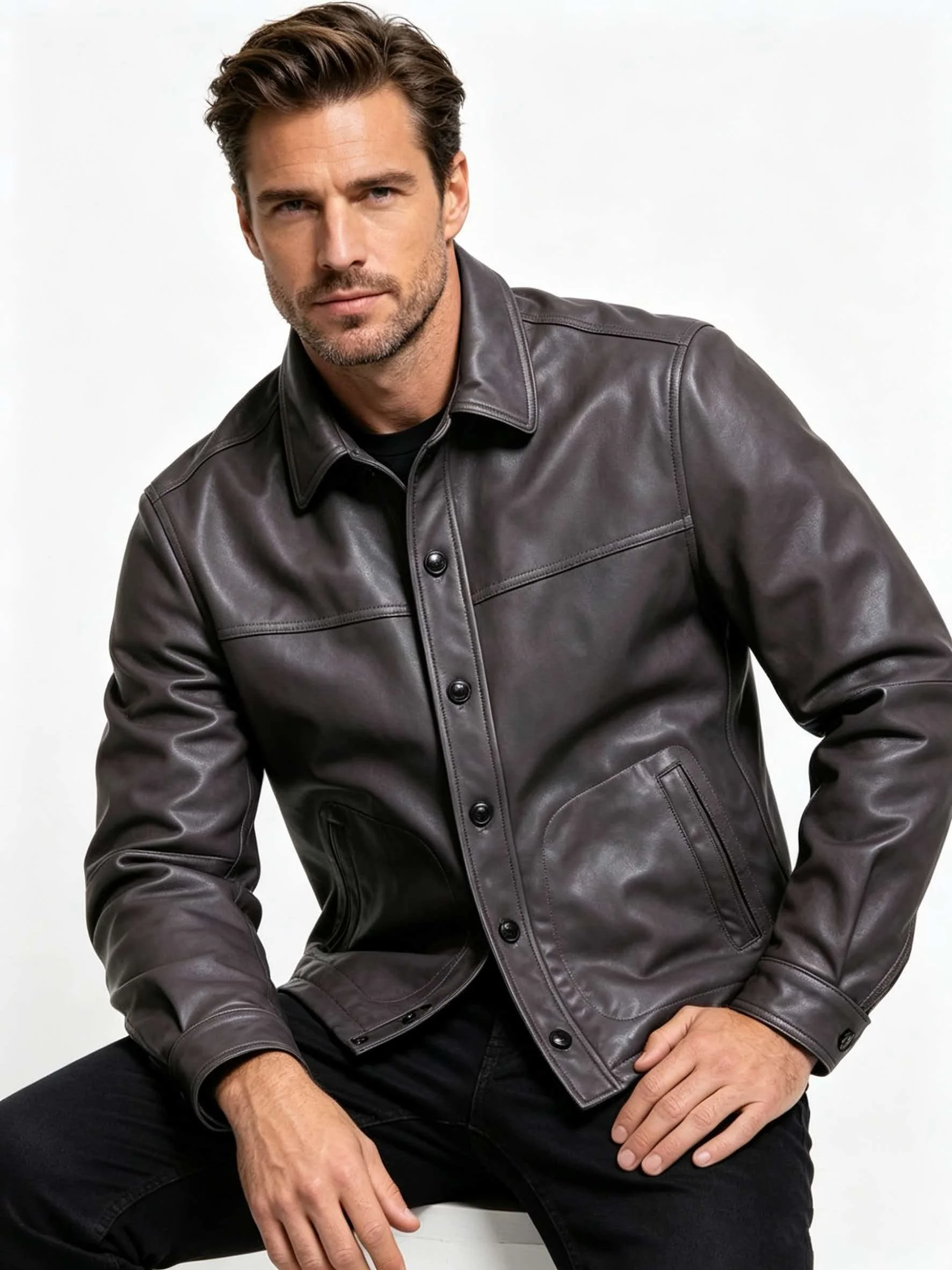 Camisa de Cuero Gris Otoñal para Hombre, Estilo Retro, Talla Grande 4XL, Piel de Oveja Natural Genuina, Cuello Camisero, Cierre de un Solo Botón, Abrigo Informal