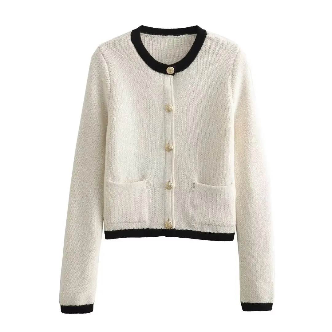 2024 autumn new women\'s fashion European and American contrasting round neck metal button decoration knitted cardigan