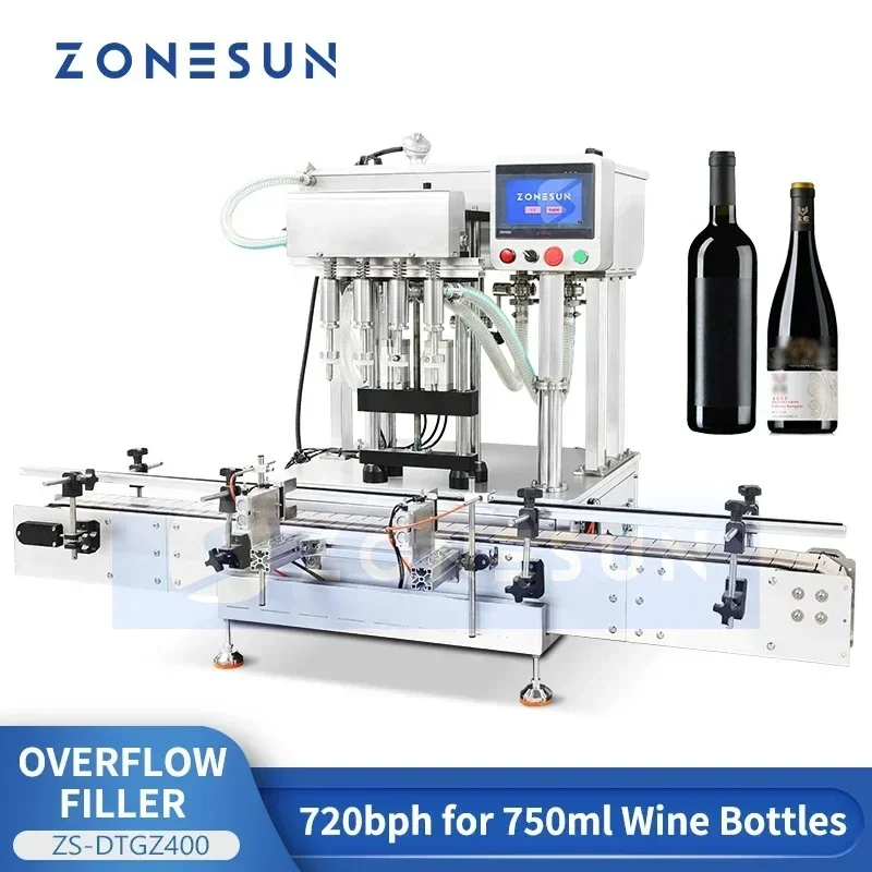 ZONESUN ZS-DTGZ400 4-Head Gravity Overflow Filler Automatic Liquid Wine Bottle Siphon Volumetric Filling Machine