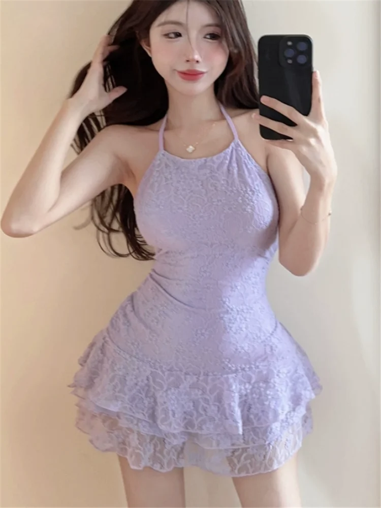 

Sexy Halter Backless Hot Girl Purple Lace Party Dress 2025 New Summer Ruffles Hem Slim Mini Dress Sleeveless Tight Bodycon Dress