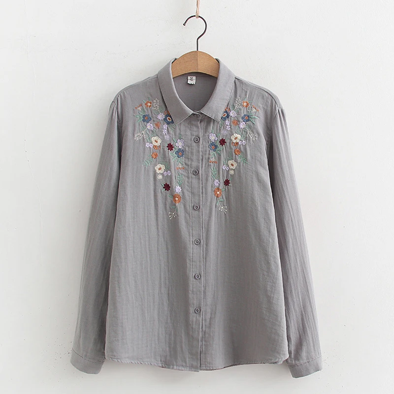 New Spring Autumn Women Double-layer Yarn Embroidery Flower Shirt White Gray Color Long Sleeved Female Cotton Blouse Tops U276