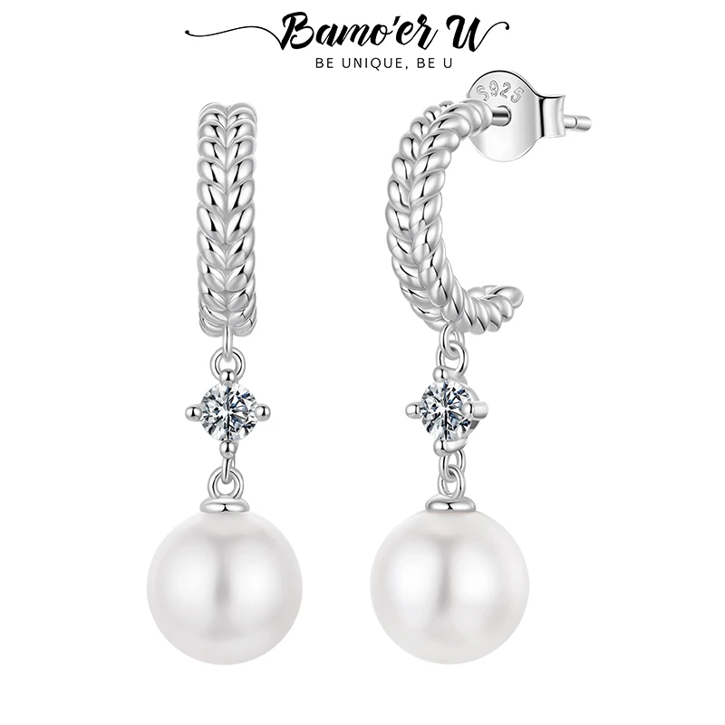 

Серьги-капли Bamoer U с муассанитом и жемчугом, стерлинговое серебро 925 пробы, витые серьги-гвоздики с крючками для женщин, элегантные рождественские украшения, подарок