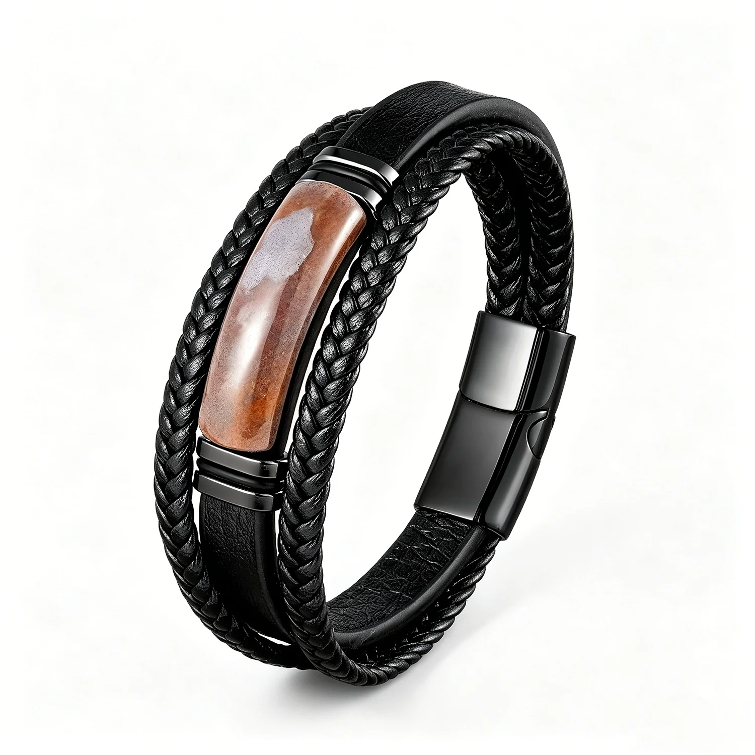 Naturkristallstein-Lederarmband für Männer – Geflochtenes Leder, Edelstahlverschluss, spiritueller Meditationsschmuck – Detail 3
