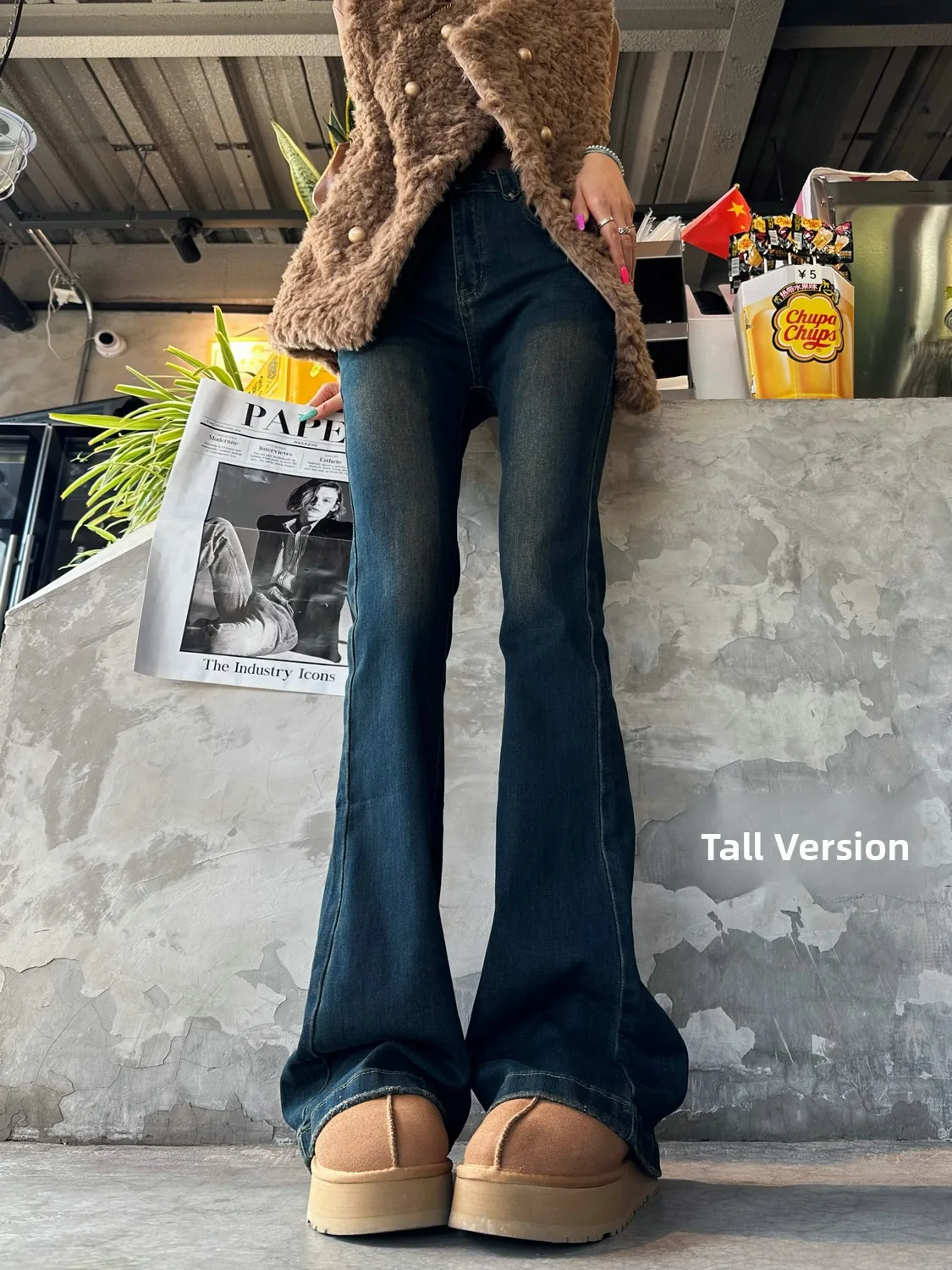 

Винтажные расклешенные джинсы с высокой талией в стиле ретро, женские расширенные джинсы, осень-зима, облегающие хлопковые эластичные джинсовые джинсы, цементно-синие