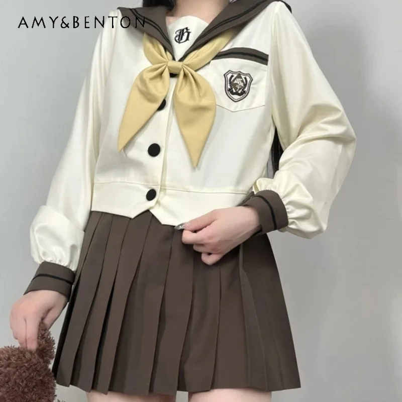 2024 New Japanese Sailor Suit JK Uniform Autumn Winter Milk Tea Color Colleage Style Students Brown Mini Skirt Bow Tie Top Sets