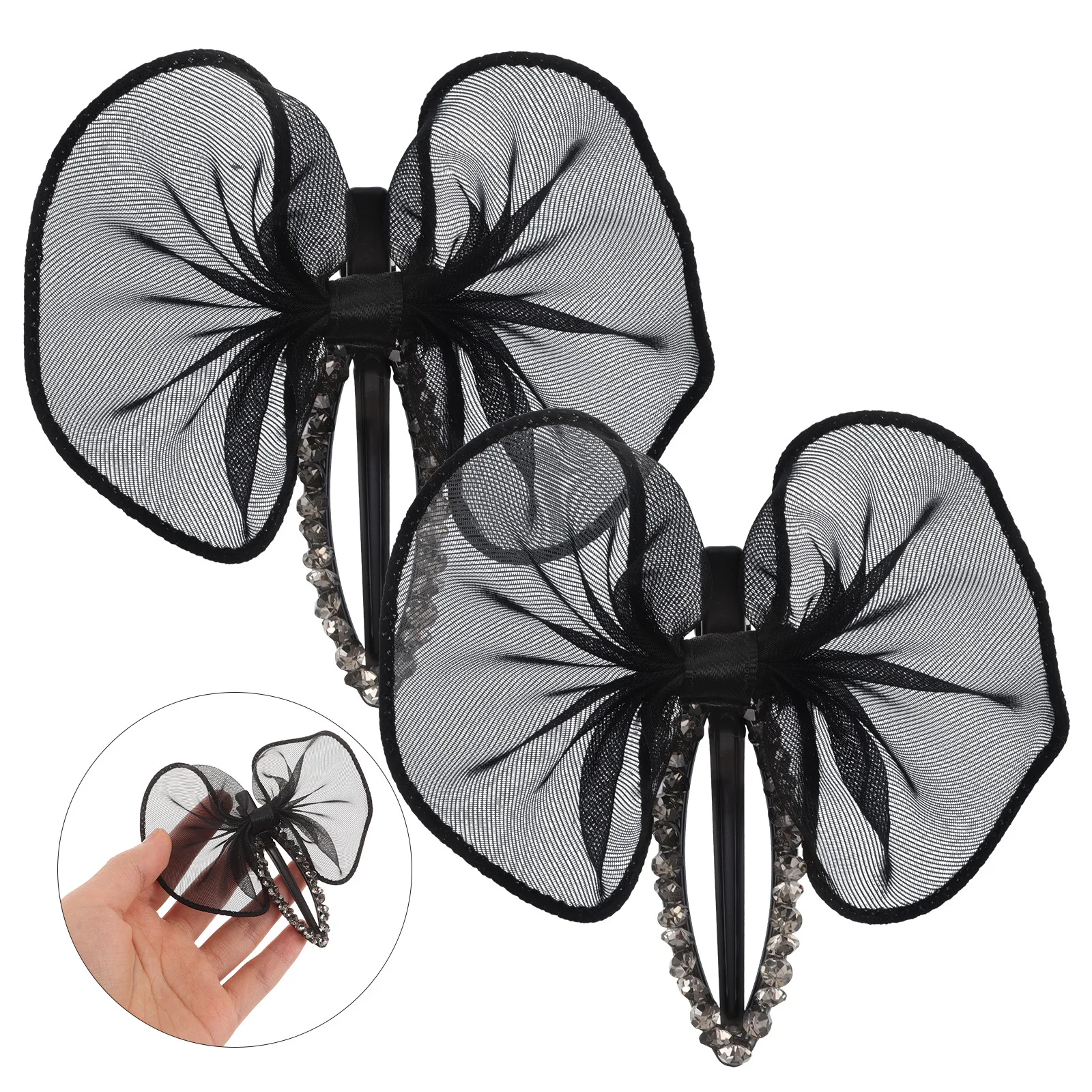 

2Pcs Classic Black Bow Shaped Hair Pins Rhinestones Tulle Fabric Stylish Accessory for Women Rhinestone Hair Bow