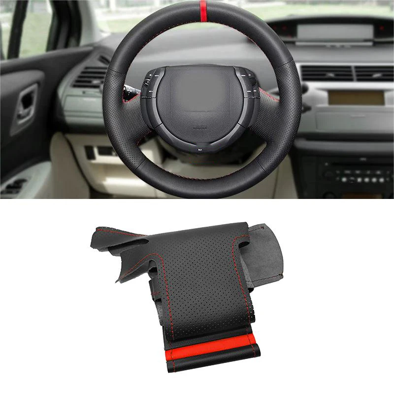 Perforated Leather Red Line Strip Hand-Stitched Steering Wheel Cover Trim Protective For Citroen Triumph Old C4 C-quatre