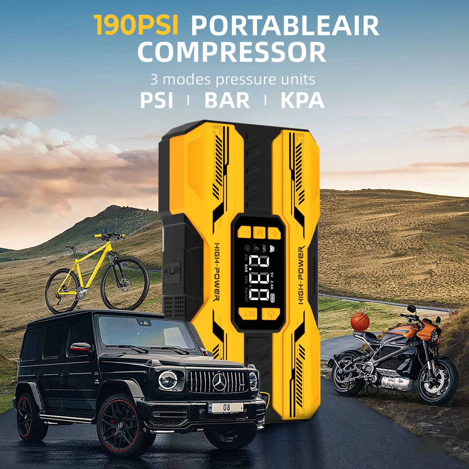20000mAh 6000A 190Psi Tragbarer 6-in-1 Multifunktionaler Auto-Starthilfegerät Intelligenter Digitaler Reifenfüller Cyd19 12V Notfall-Starter-Powerbank Typ-C-Ladeanschluss USB-Ausgang Auto-Luftpumpe