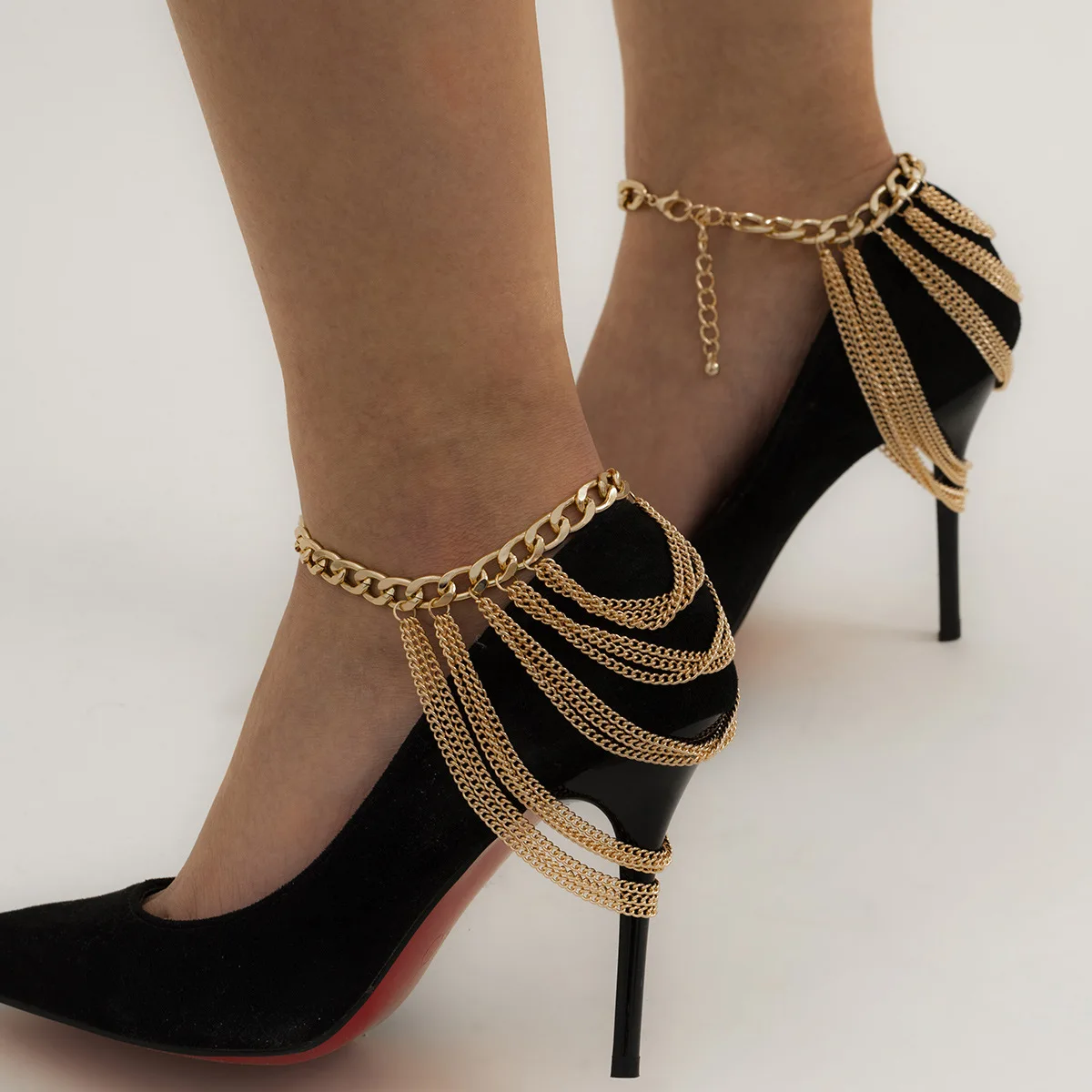 1Pair High Heel Shoe Tassel Chain Geometric Beach Barefoot Sandals Jewelry Multi Layer Tassel Foot Ankle Bracelet for Women