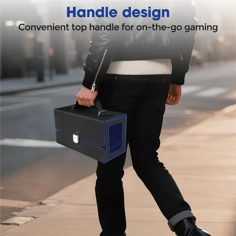 FBIL-Card Deck Box Magnetic Storage Case With Handle Top Side-Loading Design Game Cards Box Black+Blue