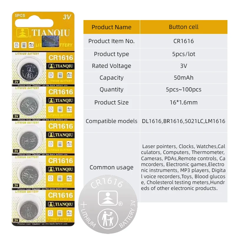 topOriginal 5-100PCS CR1616 3V Lithium Battery 50mAh DL1616 BR1616 5021LC LM1616  CR 1616 for Watch Remote Control Coin Cells