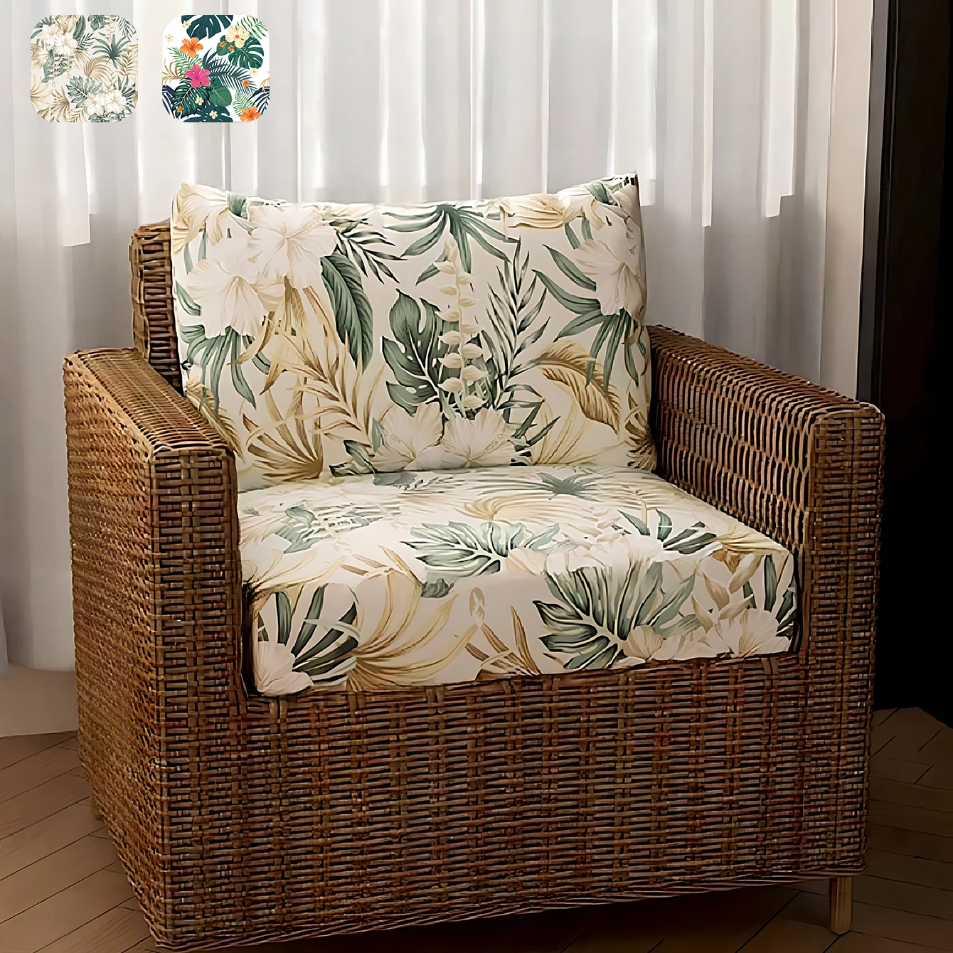 

2pcs printed elastic sofa cushion set, outdoor rattan chair backrest + cushion sofa cover, two-piece sofa cushion cover set