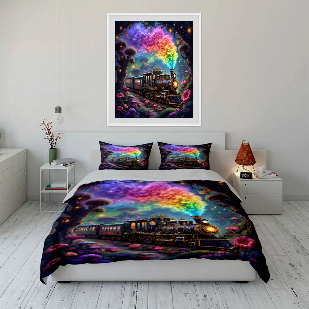

Fantasy Train Adventure Decor Set Multiple sizes kid's and adults' bedroom Exquisite 3PC bedding set, gift