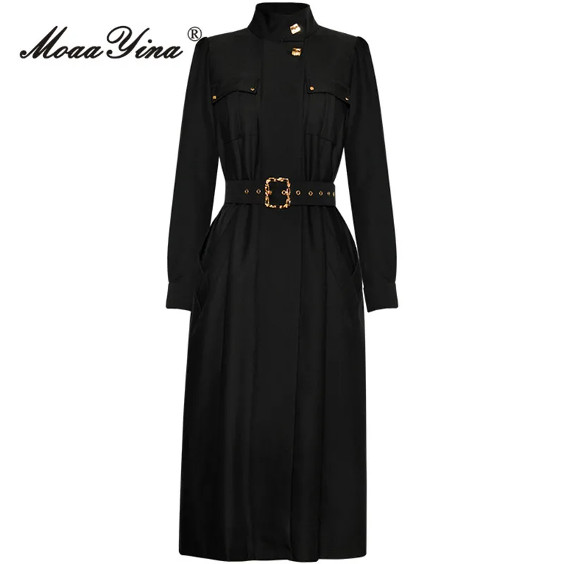 

MoaaYina Autumn Fashion Designer Black Vintage Trench Coat Women Stand Collar Button Sashes Gathered Waist Slim Long Trench Coat