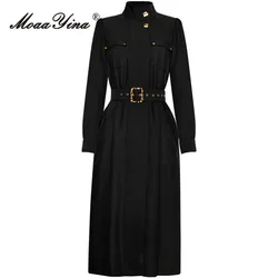 MoaaYina autunno Fashion Designer nero Vintage Trench Coat donna Stand Collar Button telai raccolto vita sottile lungo Trench