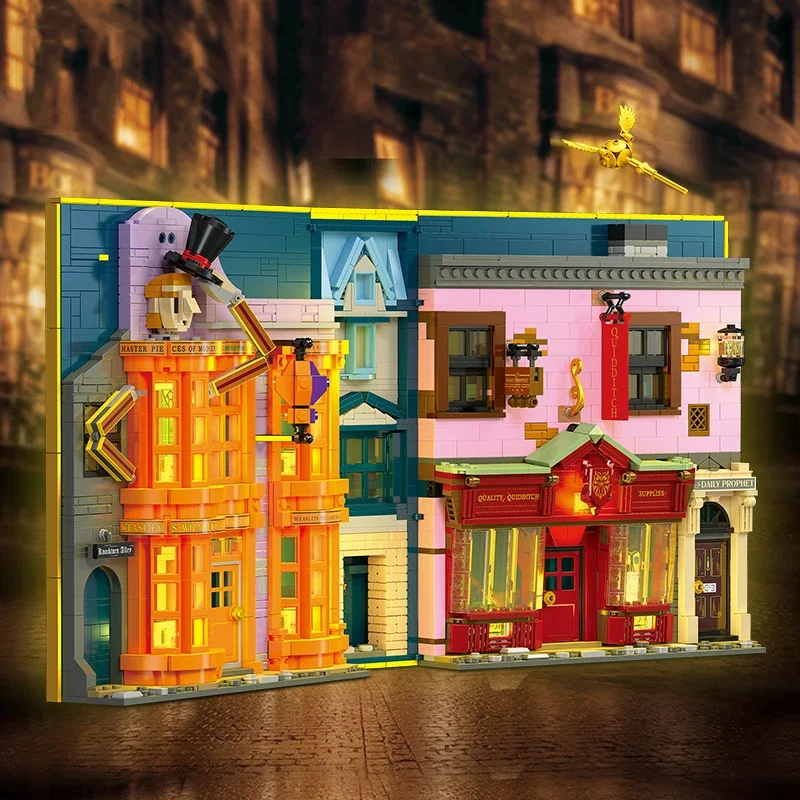 

1940PCS Diagon Alley Bookstore Building Blocks Joke Shop Street View Led Light Kit Model Bricks Toys For Children Holiday Gifts