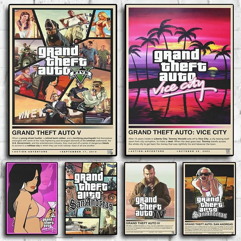 Grand Theft Auto Game Role HD Poster GTA 5 Pictures Living Game Retro Aesthetic Home Decor Kids Room Posters Canvas Painting